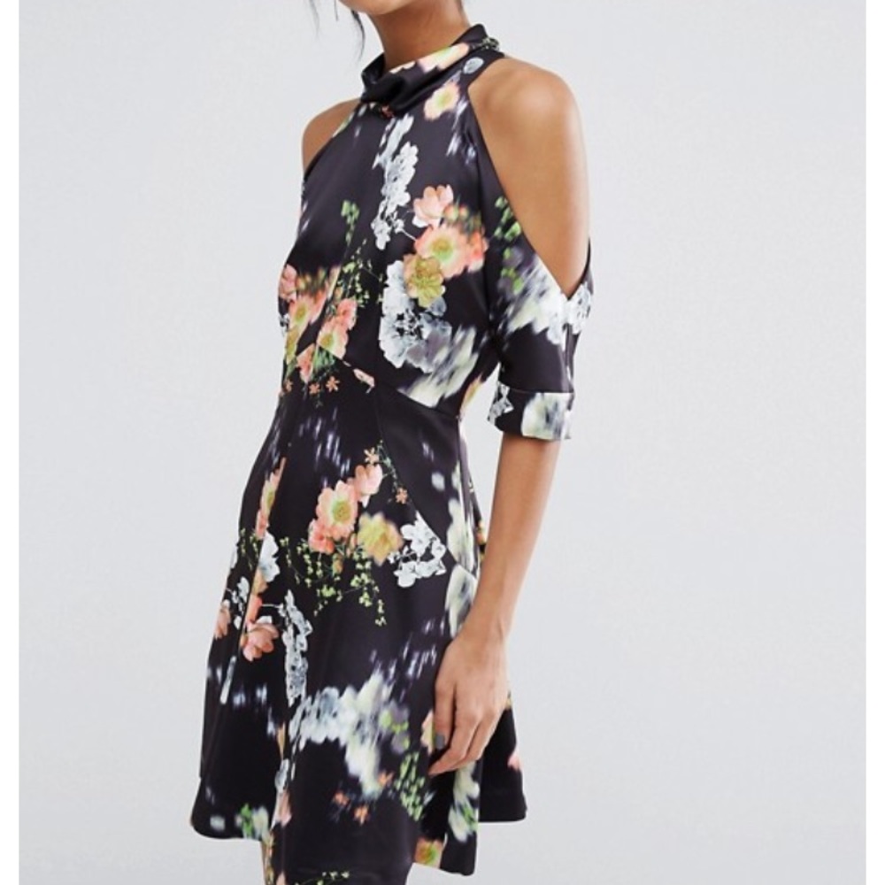 ASOS-Whistles brand cold shoulder floral dress.